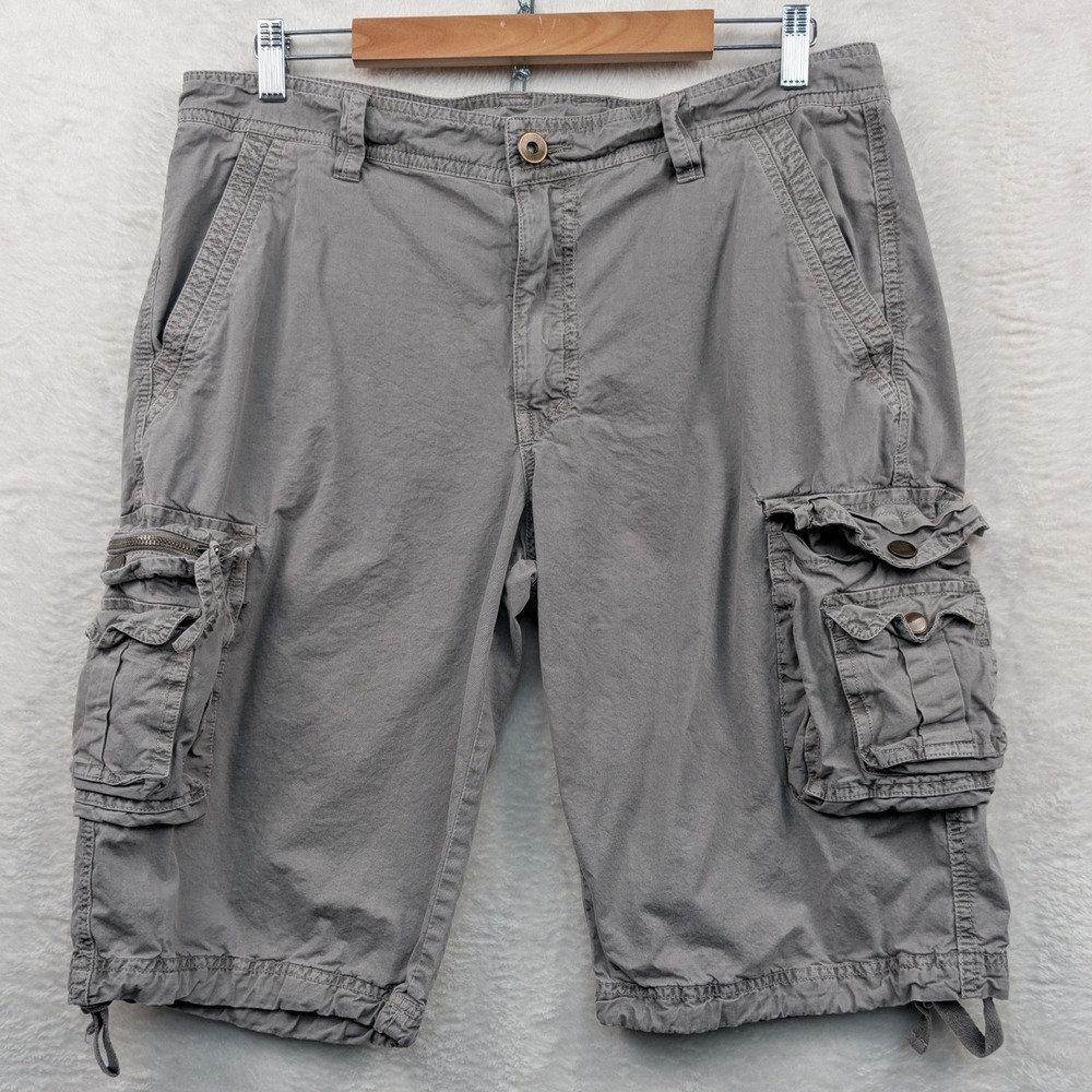 VTG Cargo Shorts Men's 34 Gray Faded 12.5" Multi-Pocket Relaxed Utility Long Y2K